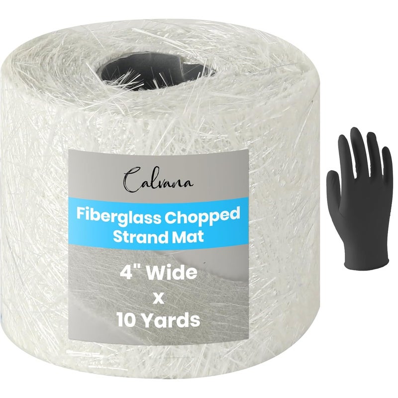 Calvana Fiberglass Chopped Strand Mat, 4“ Wide *10 Yards, 1.5 oz, Includes One Pair of Gloves, Ideal for Heavy-Duty Repairs, for Structural Reinforcement & Repair Kits, Easy to Use - Image 1